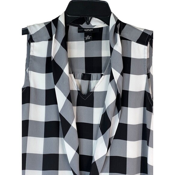 NWOT Alfani Womens Black White Gray Check Tie Bow Sleeveless Blouse 2P 2 Petite - Picture 2 of 6